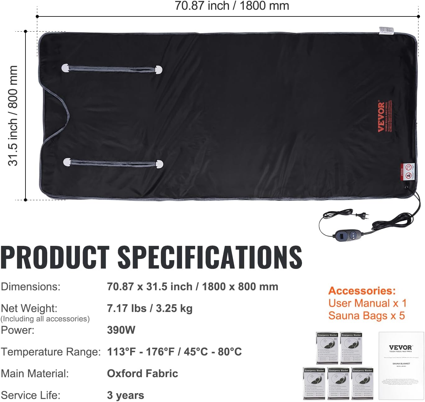 VEVOR Sauna Blanket, Portable Far Infrared Sauna for Home, Oxford Sauna Bag w/Arm Holes & Carbon Fiber Heating, 1-6 Level Adjustable Temp 95-176℉, 5-60 Minutes Timer, 71 x 31 in