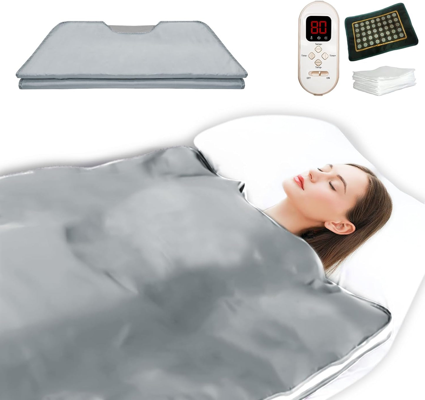 Natural Jade and Tourmaline Heat Far Infrared Sauna Blanket 2-Zone Control Rapid Heating Detox Pain Relief with Personal Sauna Blanket Bed at Home Oxford Cloth 6 ft x 2.65 ft (Silver)