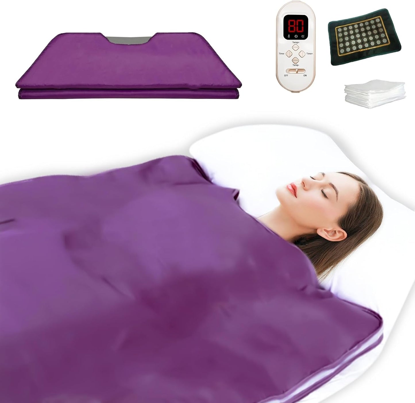 Natural Jade and Tourmaline Heat Far Infrared Sauna Blanket 2-Zone Control Rapid Heating Detox Blanket Pain Relief with Personal Sauna Blanket at Home Oxford Cloth Sauna Bed (Purple)