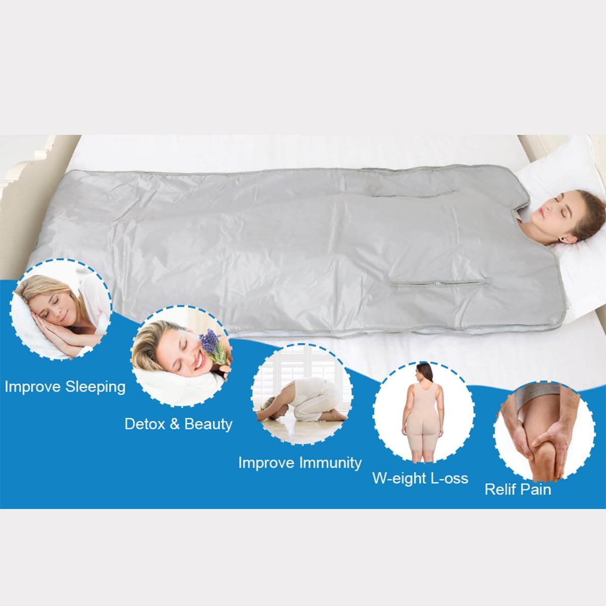 Natural Jade and Tourmaline Heat Sauna Blanket Detox 2025 Upgrade Far Infrared Zipper Sauna Bed Pain Relief Sauna Bag Oxford Cloth (Silver)