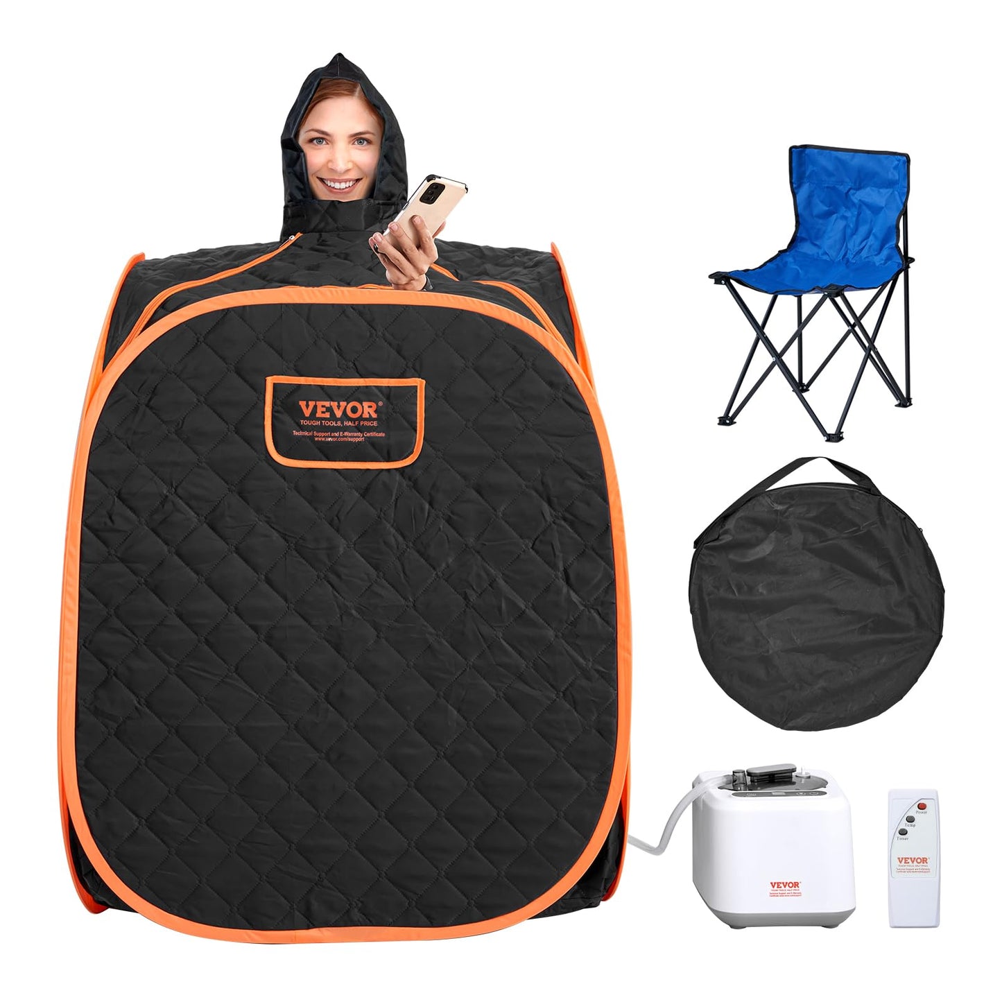 VEVOR Portable Personal Steam Sauna Spa Tent with 1200 Watt Steam Generator, with Chair & Storage Bag, Home Therapeutic Sauna Blanket for Detox Relaxation, Time & Temperature Remote Control, Black