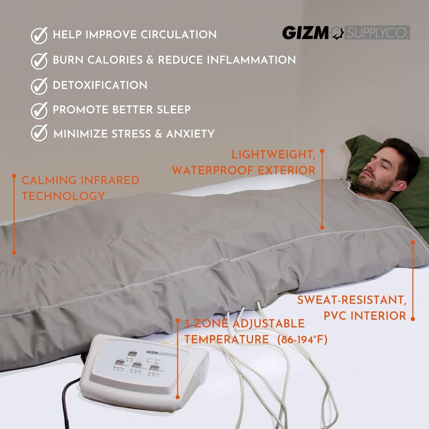 Portable Far Infrared Detox Sauna Blanket Regular (68" x 75") - 3 Independent Heating Zones, Carbon Fiber Heating Elements by Gizmo Supply - for Home or Professional Use