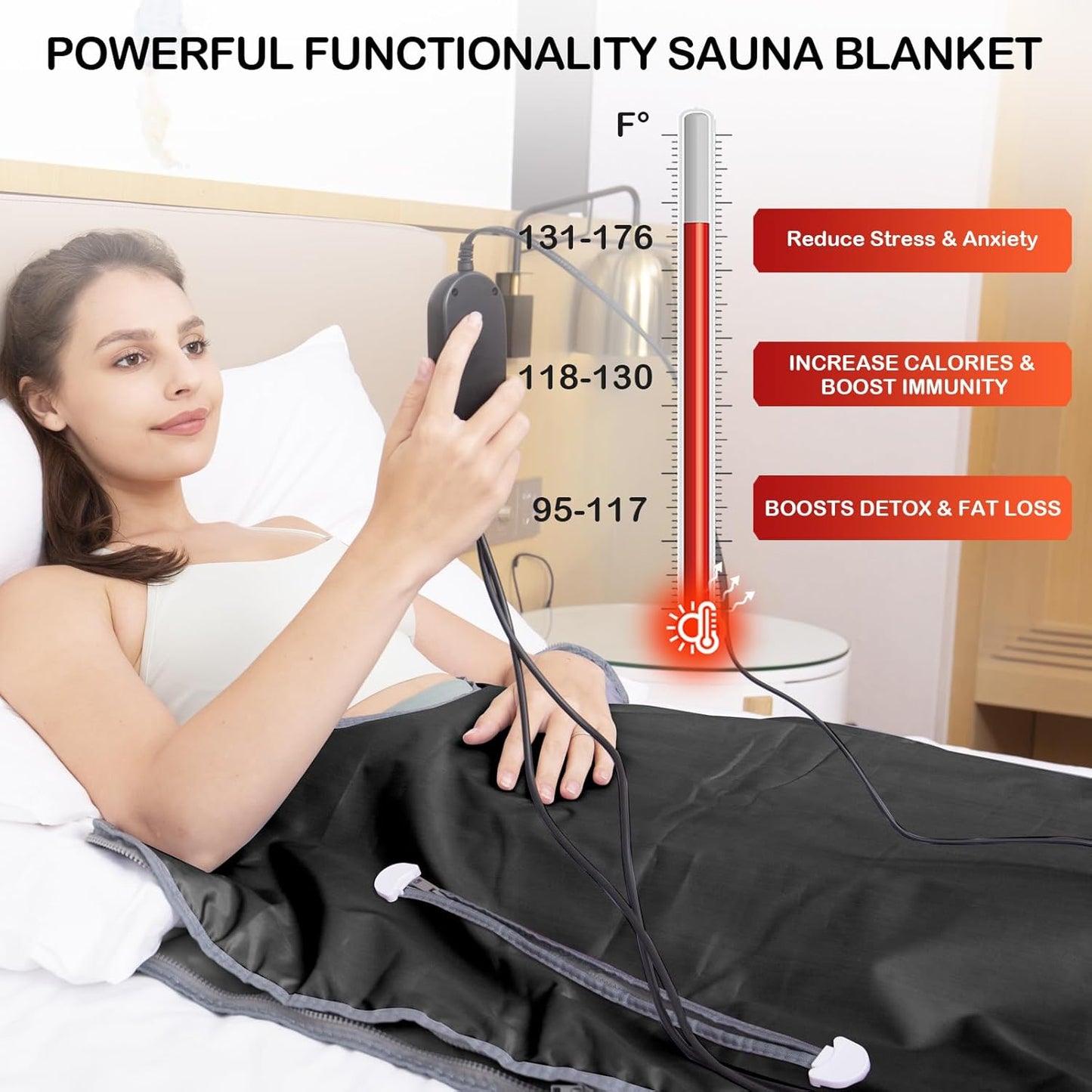 Far Infrared Sauna Blanket for Detox Portable Infrared Sauna Blanket Heating Sauna Blanket for Home Therapy Remote Controller Sauna Blanket with 95–176 °F Temp Range Black