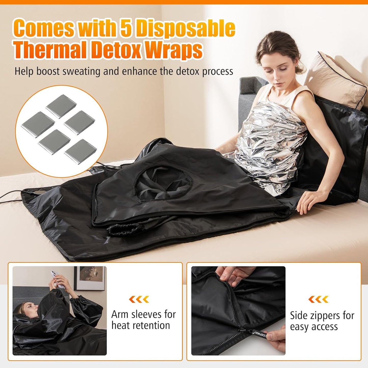 COSTWAY Infrared Sauna Blanket, Portable Full-Body Personal Sauna for Home Use w/Arm Sleeves, Wraps, Carry Bag, 90-180°F Temp Range, 30-90Min Timer, Relaxation & Detoxification, Muscle Tension Relief