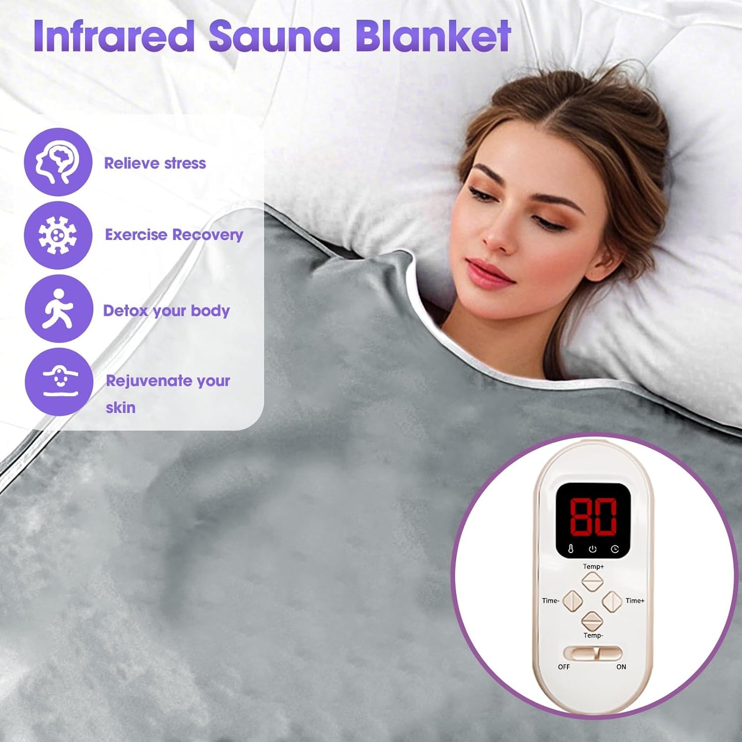 Natural Jade and Tourmaline Heat Far Infrared Sauna Blanket 2-Zone Control Rapid Heating Detox Pain Relief with Personal Sauna Blanket Bed at Home Oxford Cloth 6 ft x 2.65 ft (Silver)