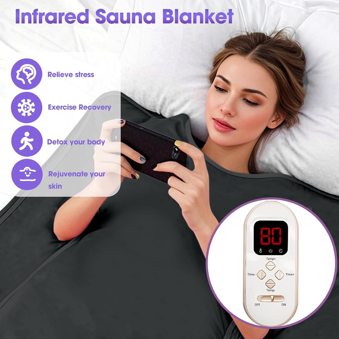 OKYUK Infrared Sauna Blanket - Sauna Blanket for Home Use, Portable Design for Relaxation, Multi-Stage Heating 104°F - 176°F, 20-60 Minutes Timer, 6 ft x 2.65 ft, Included 5 Sauna Detox Wraps
