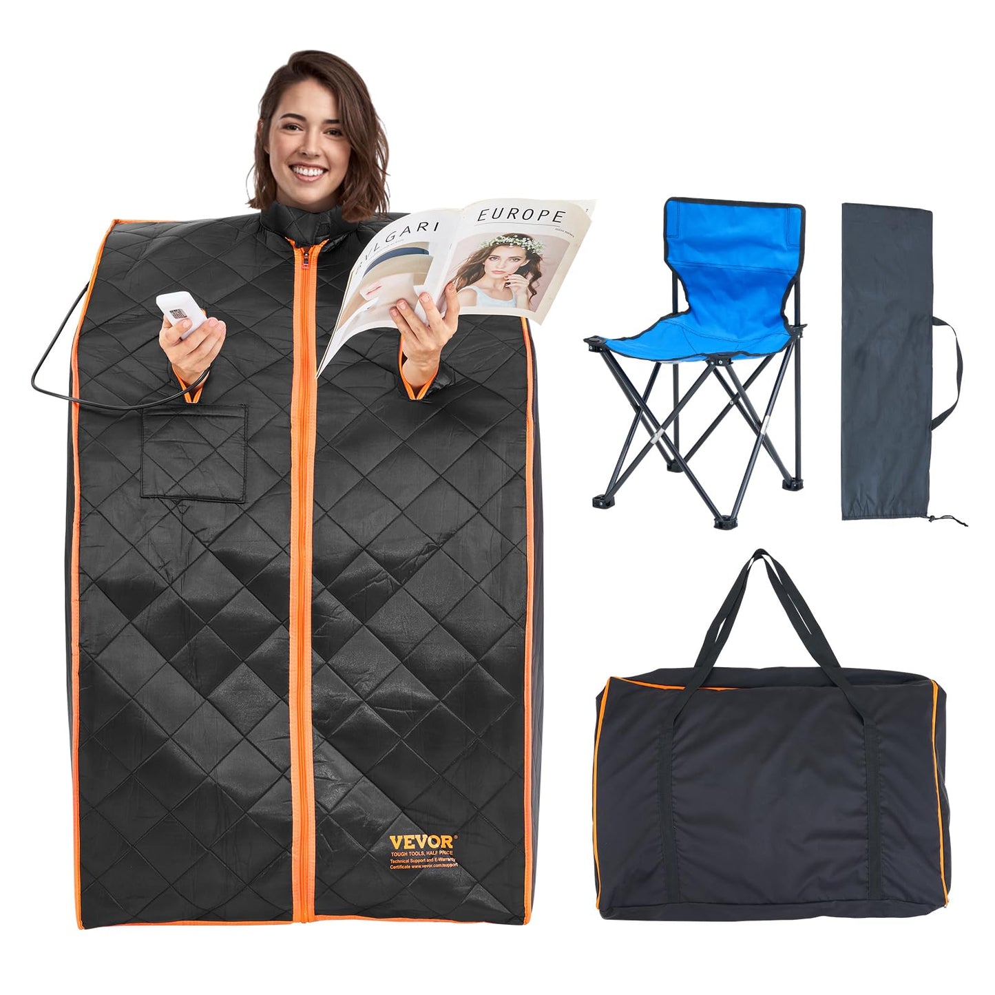 VEVOR Portable Personal Steam Sauna Spa Tent with 1200 Watt Steam Generator, with Chair & Storage Bag, Home Therapeutic Sauna Blanket for Detox Relaxation, Time & Temperature Remote Control, Black