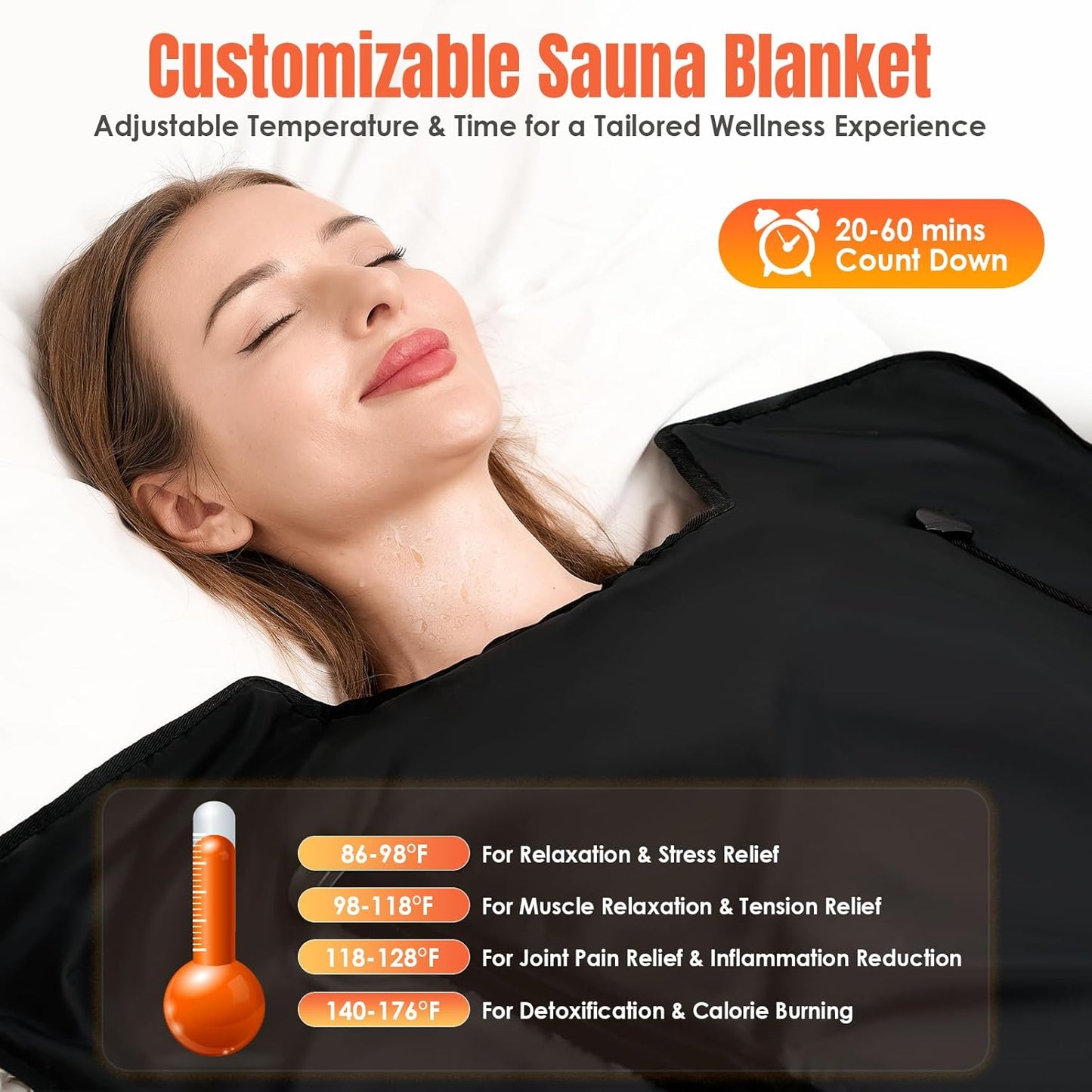 MIXC Infrared Sauna Blanket with Arm Holes for Home Use, Portable Design and Full Body Detox & Relaxation, Highest 176℉, 20-60 Minutes Timer, 6 ft x 2.65 ft Black