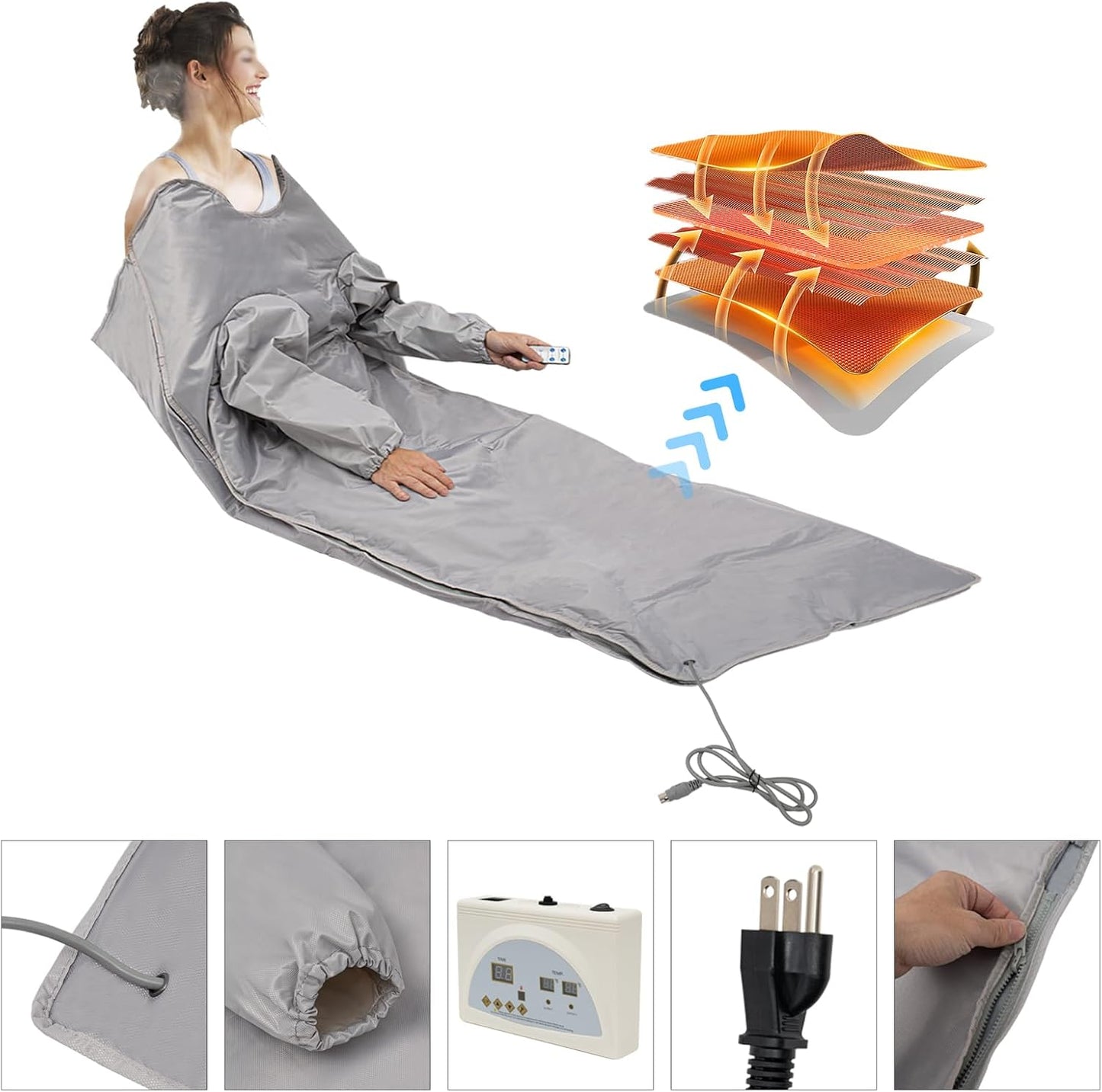 CNCEST Infrared Sauna Blanket,Portable Infrared Sauna with Sleeves for Home Detox,Fast Sweating Body Shape Fitness Far Infrared Sauna Blanket,Sauna Blanket,95-176℉,20-60 Minutes Timer,Silver