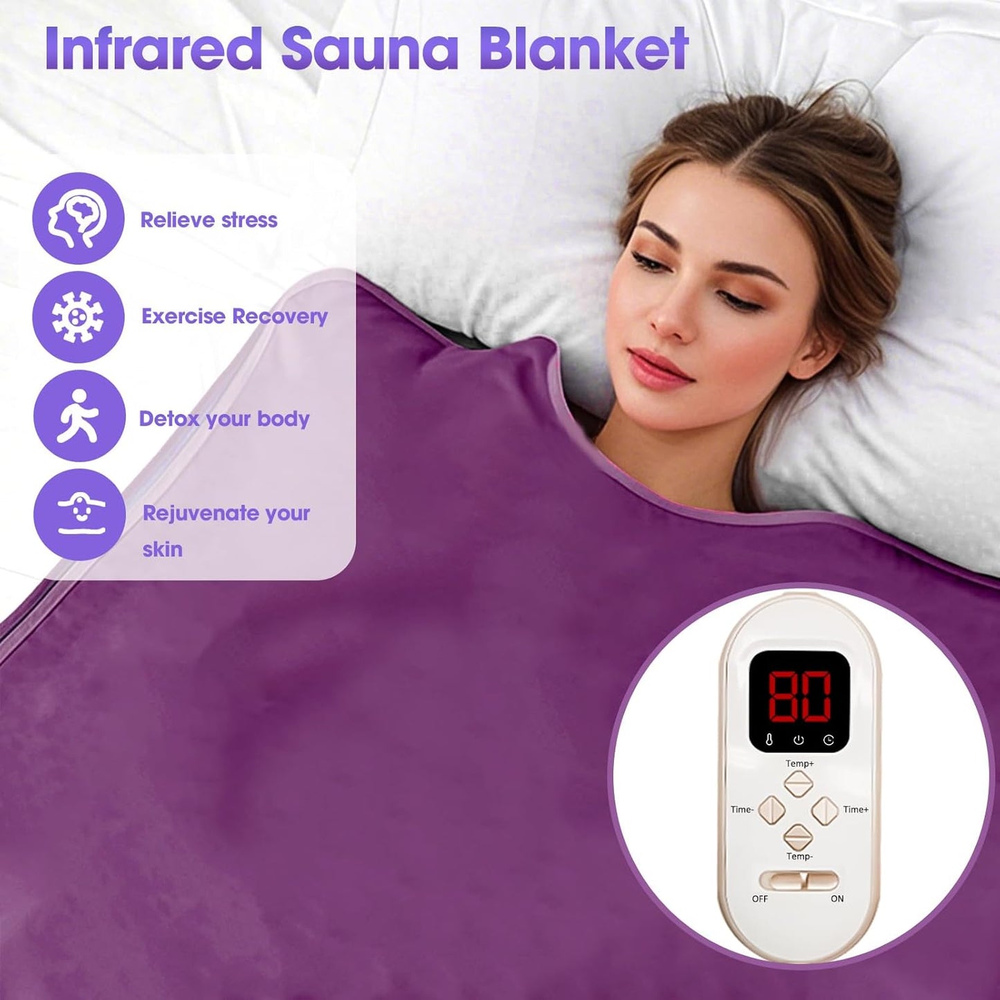 Natural Jade and Tourmaline Heat Far Infrared Sauna Blanket 2-Zone Control Rapid Heating Detox Blanket Pain Relief with Personal Sauna Blanket at Home Oxford Cloth Sauna Bed (Purple)