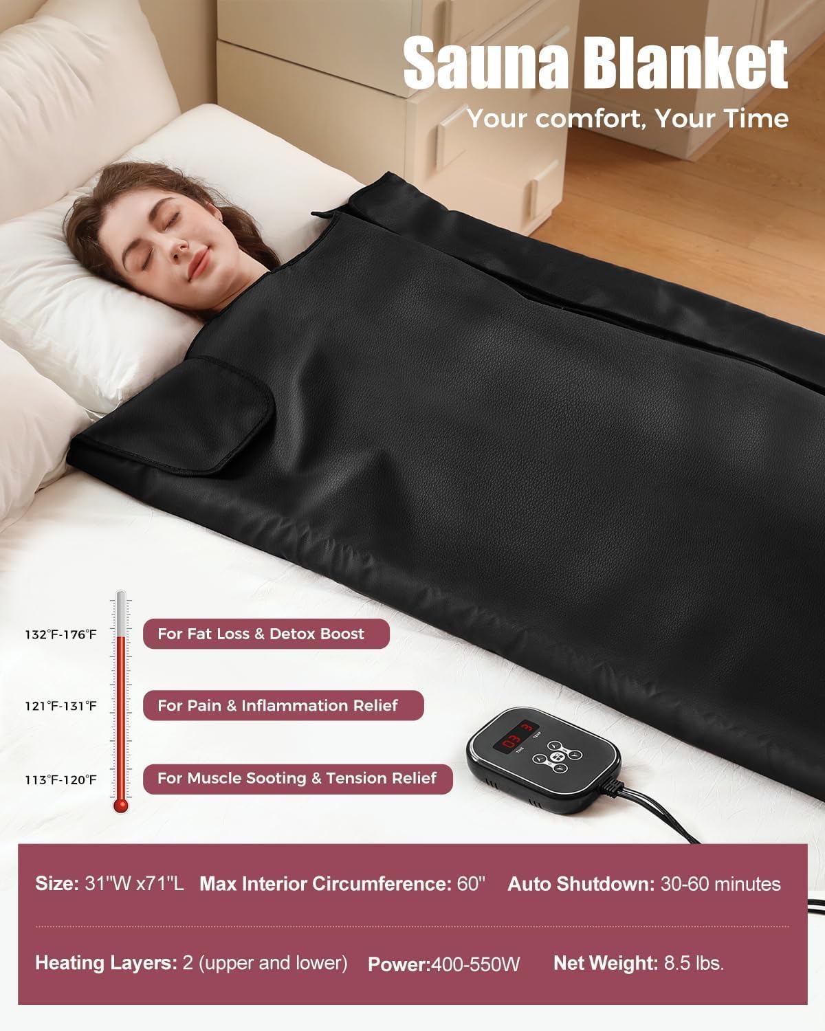 PU Infrared Sauna Blanket - Portable Far Infrared Sauna for Home Relaxation 77-176 °F Temp Range (Black)