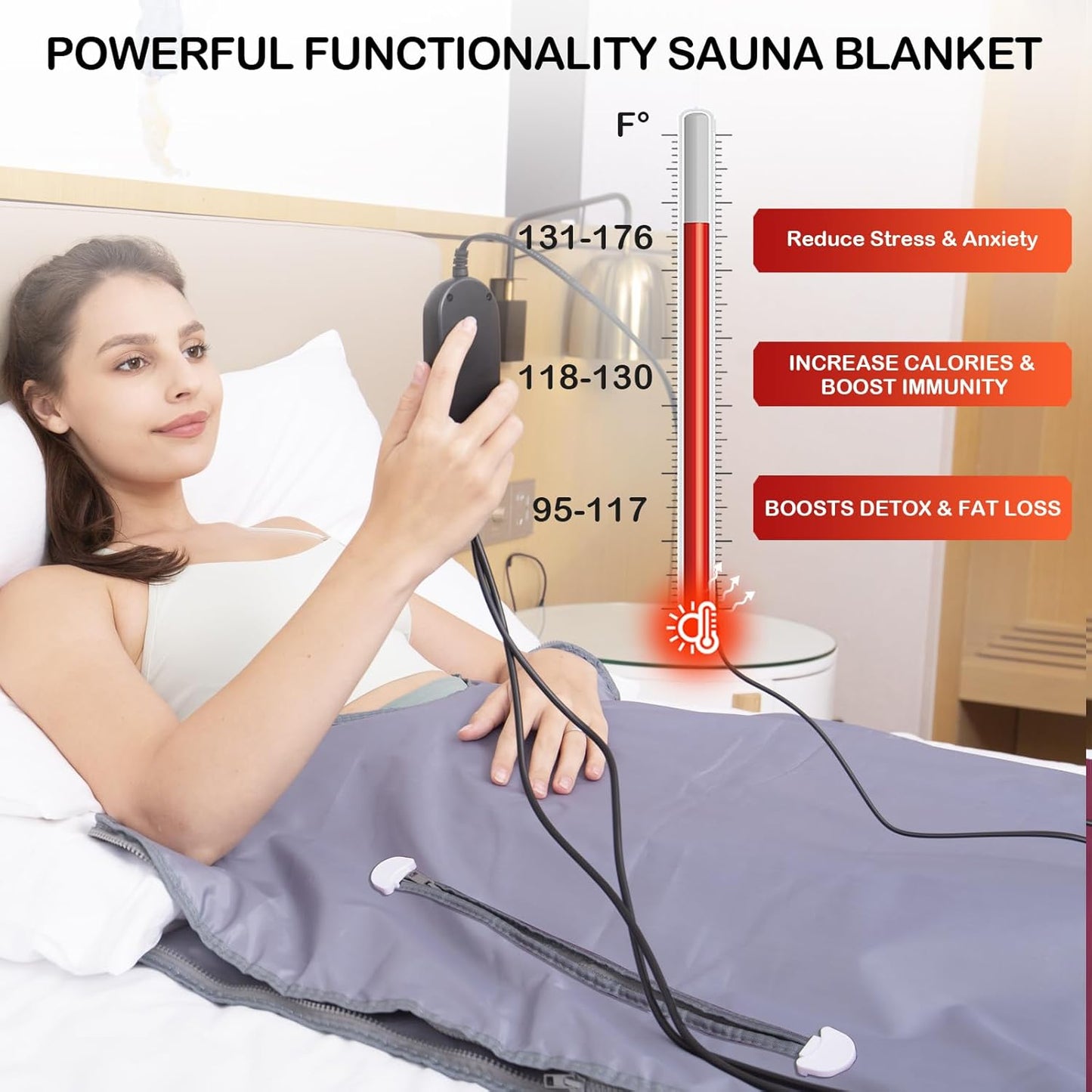 Far Infrared Sauna Blanket for Detox Portable Infrared Sauna Blanket Heating Sauna Blanket for Home Therapy Remote Controller Sauna Blanket with 95–176 °F Temp Range Silver