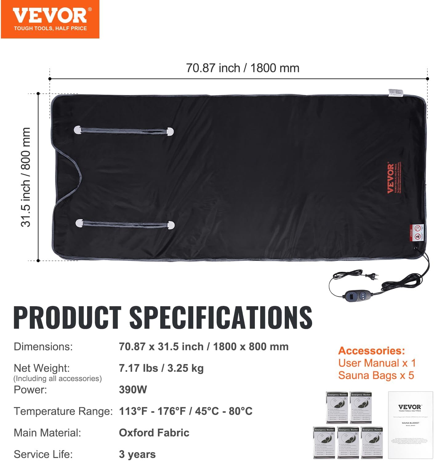 VEVOR Sauna Blanket, Portable Far Infrared Sauna for Home, Oxford Sauna Bag w/Arm Holes & Carbon Fiber Heating, 1-6 Level Adjustable Temp 95-176℉, 5-60 Minutes Timer, 71 x 31 in