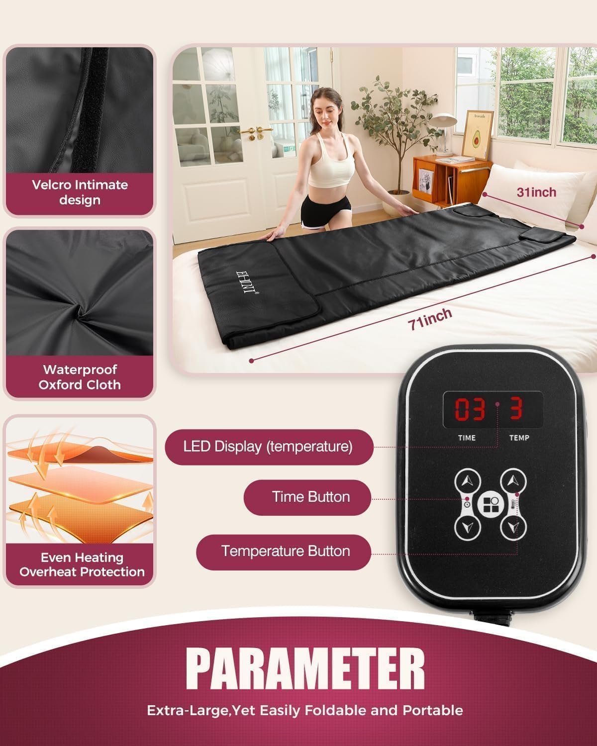 PU Infrared Sauna Blanket - Portable Far Infrared Sauna for Home Relaxation 77-176 °F Temp Range (Black)