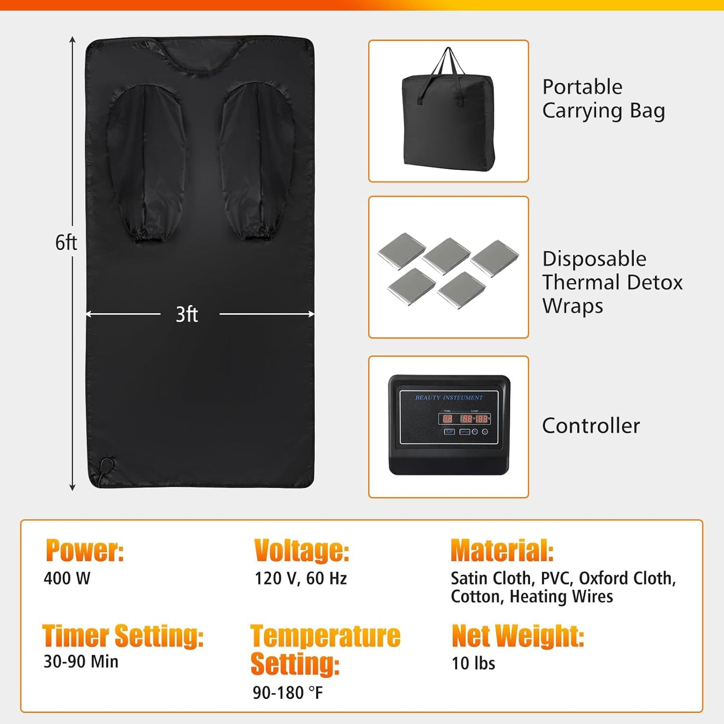 COSTWAY Infrared Sauna Blanket, Portable Full-Body Personal Sauna for Home Use w/Arm Sleeves, Wraps, Carry Bag, 90-180°F Temp Range, 30-90Min Timer, Relaxation & Detoxification, Muscle Tension Relief