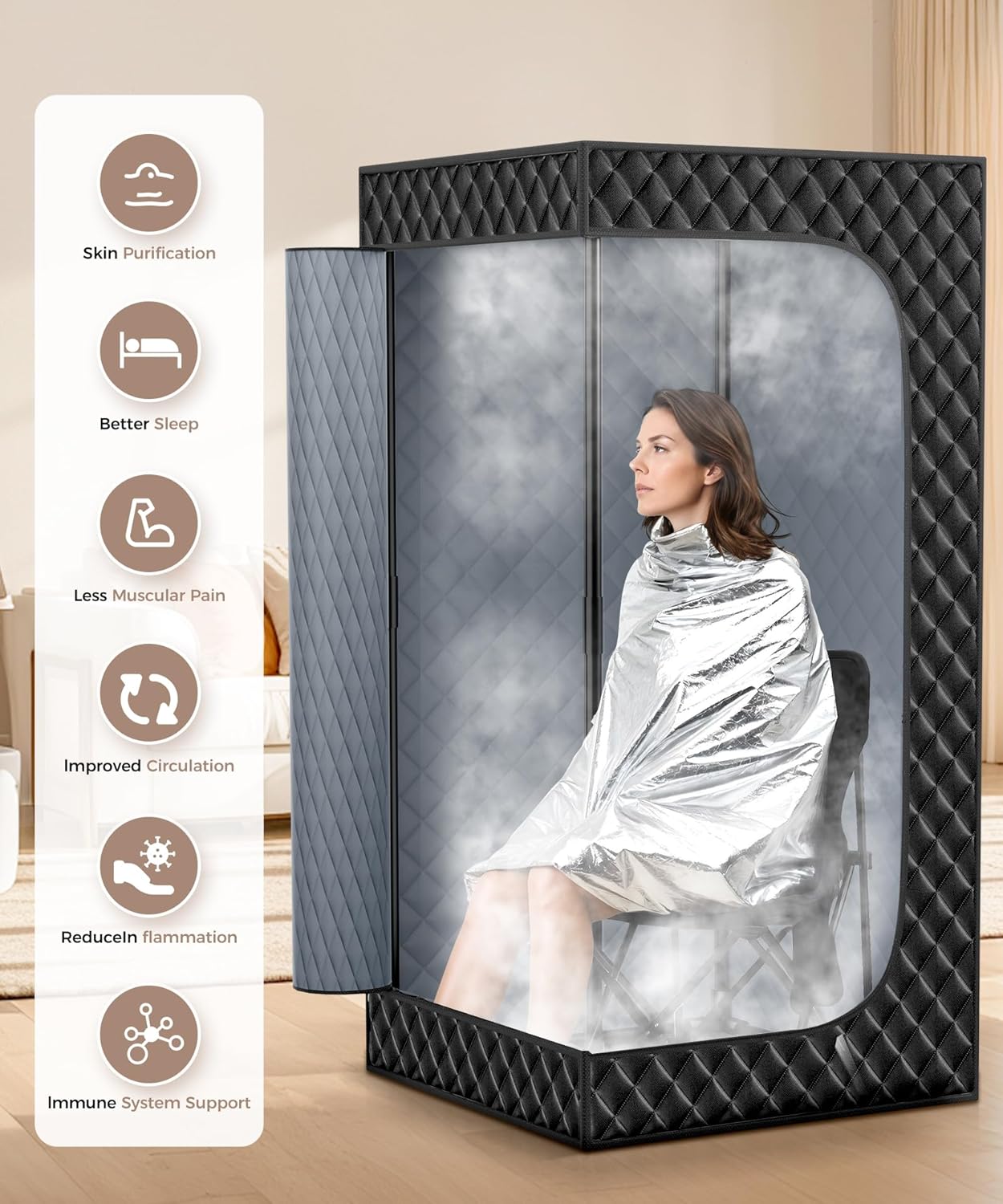 Sauna Box,Portable Sauna for Home use with Ten Aluminium foil Heating Blankets,Personal Steam Sauna with 3L Steamer, 9 Levels, Folding Chair,Extra Large Size (36 * 36 * 71inch)