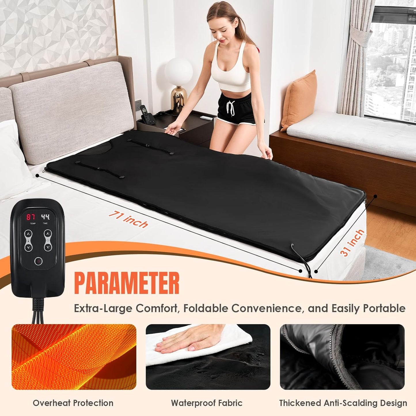 MIXC Infrared Sauna Blanket with Arm Holes for Home Use, Portable Design and Full Body Detox & Relaxation, Highest 176℉, 20-60 Minutes Timer, 6 ft x 2.65 ft Black