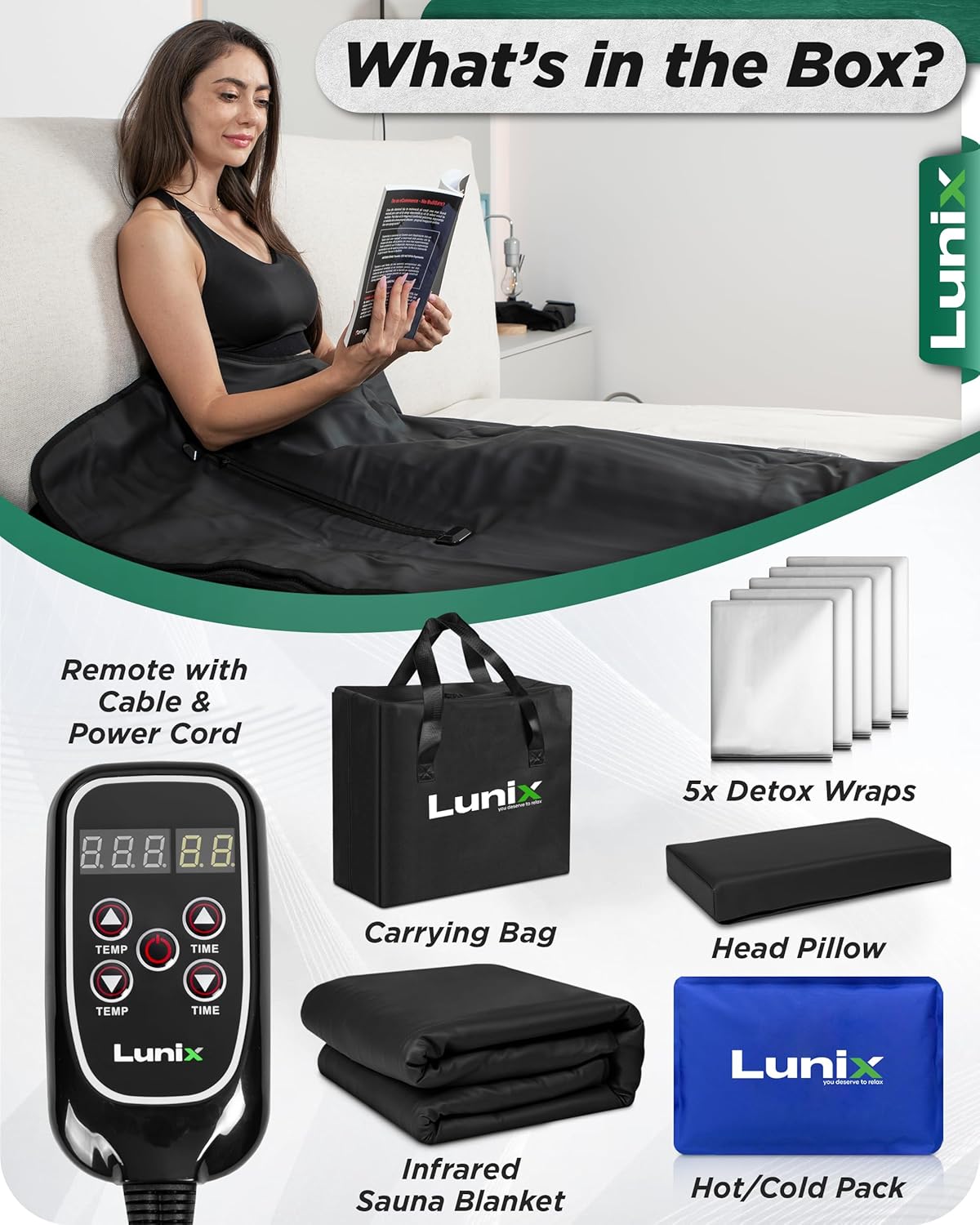 Lunix LX17 Portable Far Infrared Sauna Blanket for Home Relaxation - Temperature Range of 77-176°F - Enjoy an Infrared Sauna Anywhere, with Head Pillow, Detox Wrap & Hot Cold Gel Pack