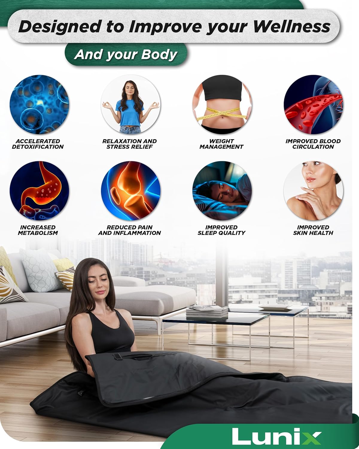 Lunix LX17 Portable Far Infrared Sauna Blanket for Home Relaxation - Temperature Range of 77-176°F - Enjoy an Infrared Sauna Anywhere, with Head Pillow, Detox Wrap & Hot Cold Gel Pack