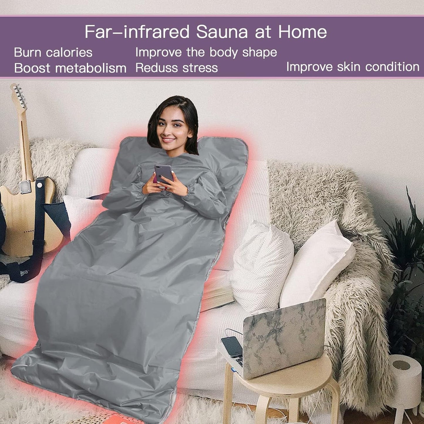 Sleeves Design Far-Infrared Sauna Blanket Fast Heating with Digital Control, Intelligent Remote Control 110V Pain Relief Detox Sauna Bed