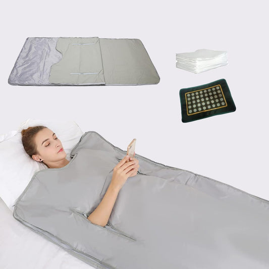 Natural Jade and Tourmaline Heat Sauna Blanket Detox 2025 Upgrade Far Infrared Zipper Sauna Bed Pain Relief Sauna Bag Oxford Cloth (Silver)