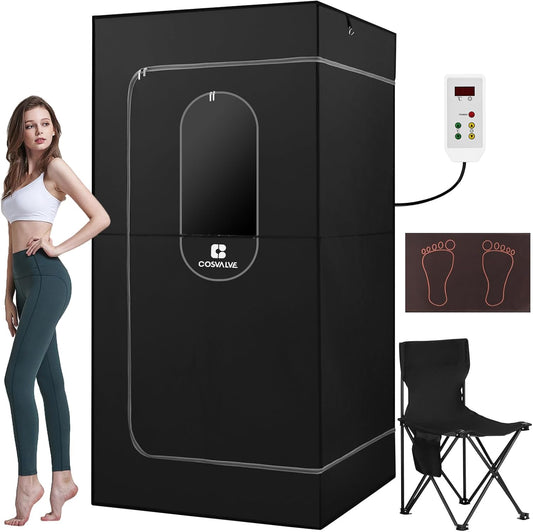 COSVALVE Portable Infrared Sauna for Home, Dry Sauna with 4 Heating Panels and Heated Foot Pad, 1 Person Infrared Sauna Tent Full Size, Remote Control, Indoor Home Spa, 35.4" x 35.4" x 71", Black