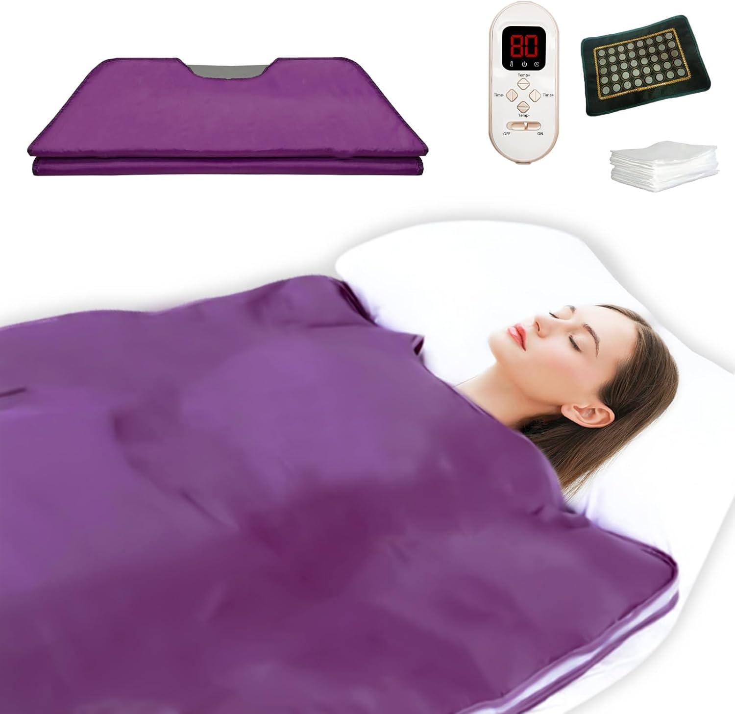 Natural Jade and Tourmaline Heat Far Infrared Sauna Blanket 2-Zone Control Rapid Heating Detox Blanket Pain Relief with Personal Sauna Blanket at Home Oxford Cloth Sauna Bed (Purple)