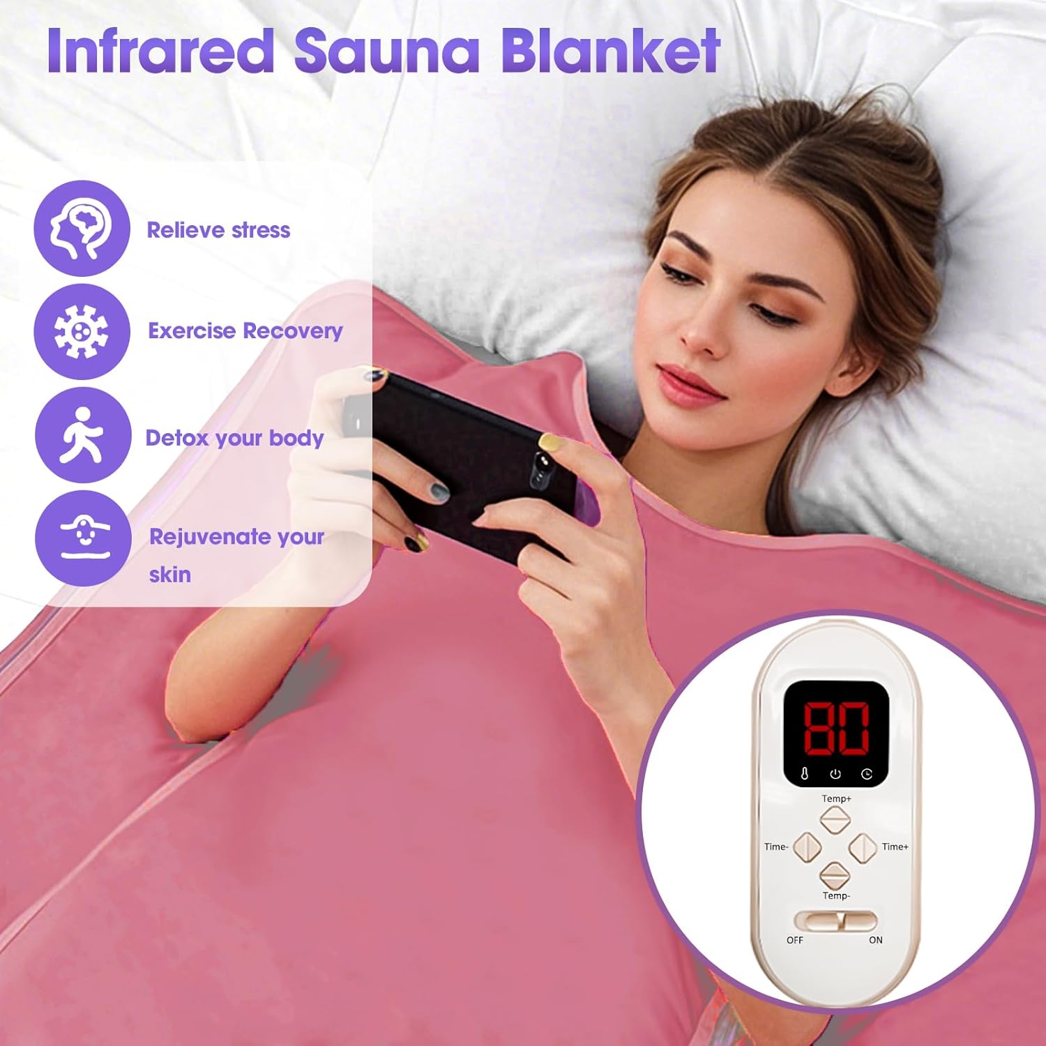 Large Screen Display Remote Control Far Infrared Sauna Blanket Detox Sauna Bed Remove Control Easy Operate Upgrade Infrared Blanket Sauna Blanket Liners 110V US Plug Pink