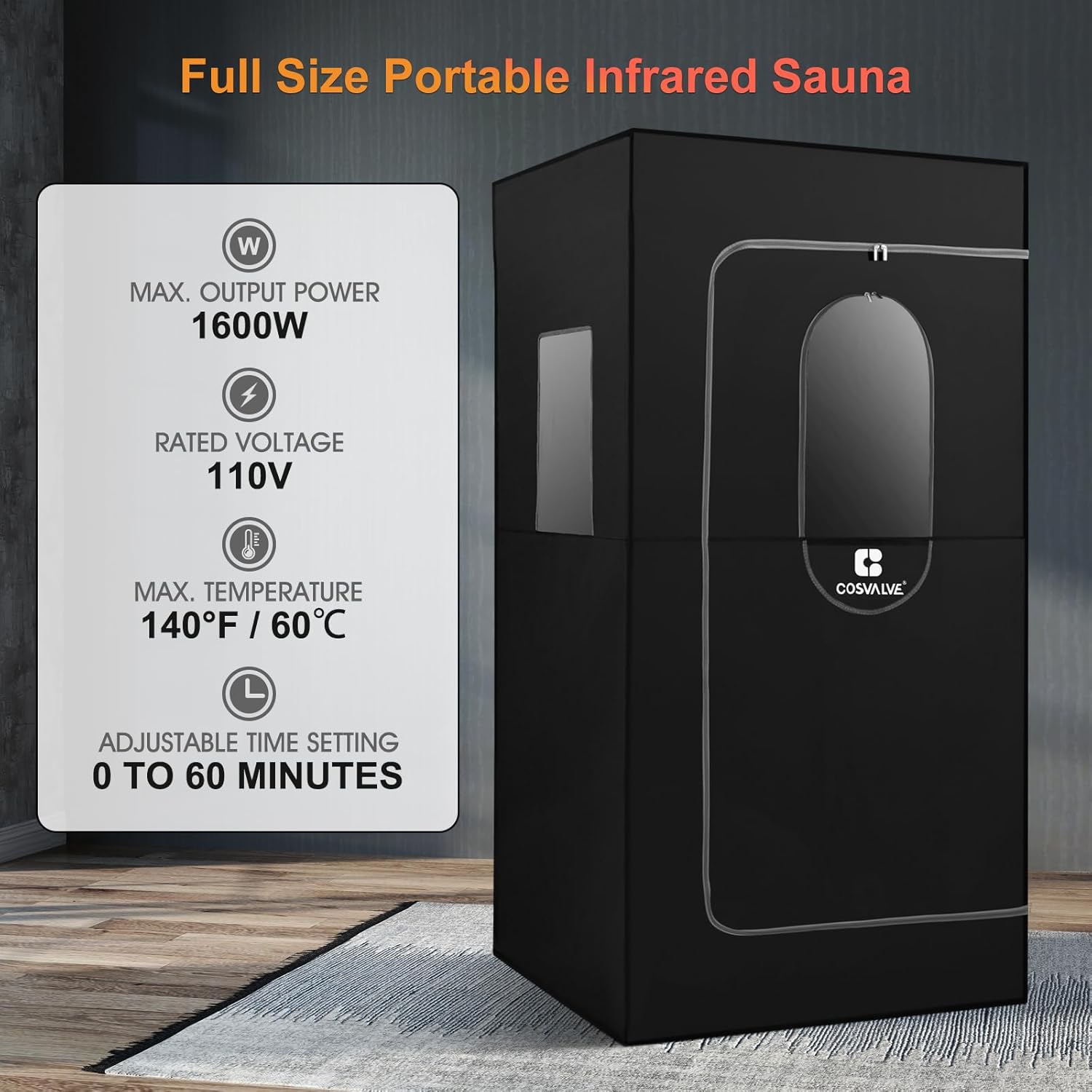 COSVALVE Portable Infrared Sauna for Home, Dry Sauna with 4 Heating Panels and Heated Foot Pad, 1 Person Infrared Sauna Tent Full Size, Remote Control, Indoor Home Spa, 35.4" x 35.4" x 71", Black