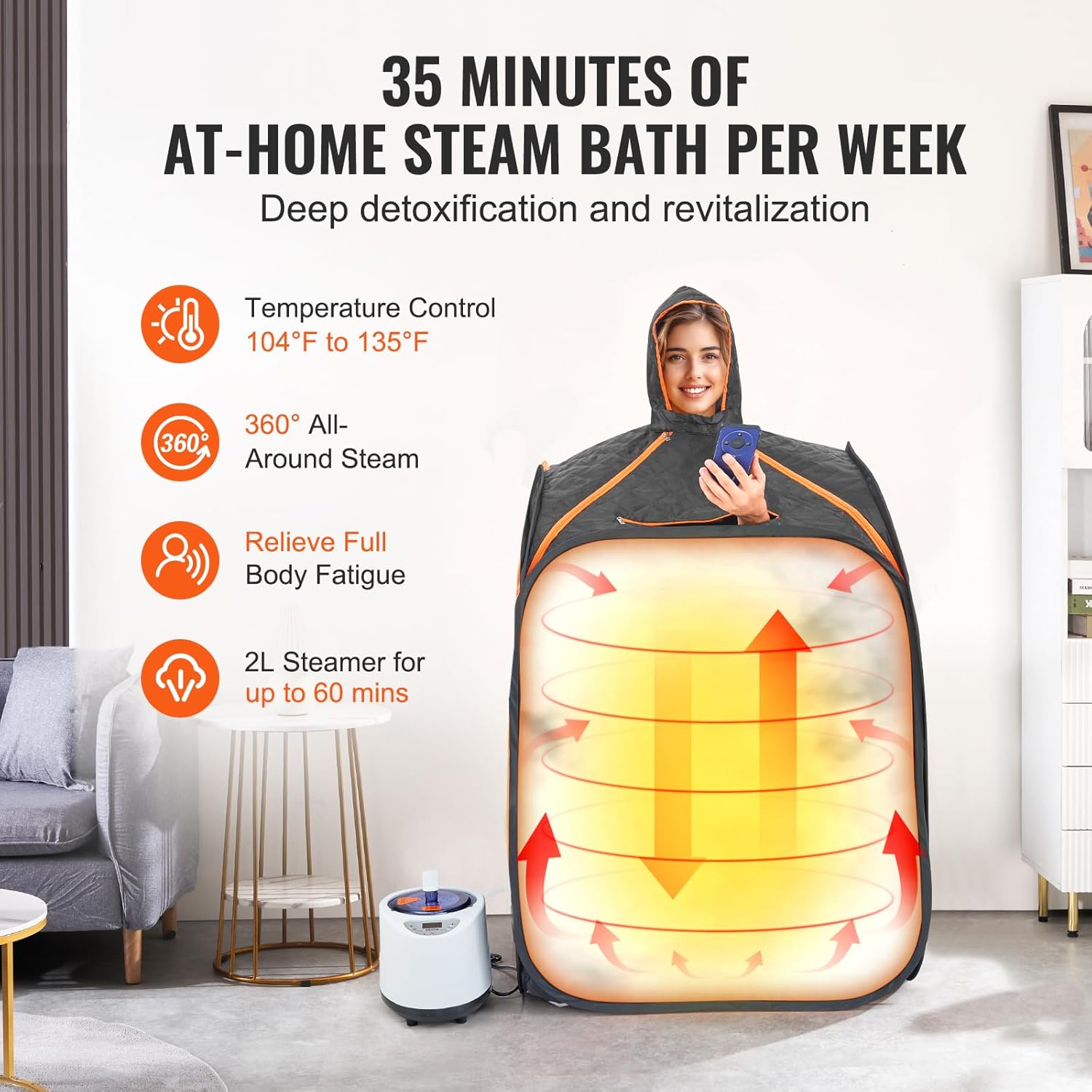 VEVOR Portable Personal Steam Sauna Spa Tent with 1200 Watt Steam Generator, with Chair & Storage Bag, Home Therapeutic Sauna Blanket for Detox Relaxation, Time & Temperature Remote Control, Black