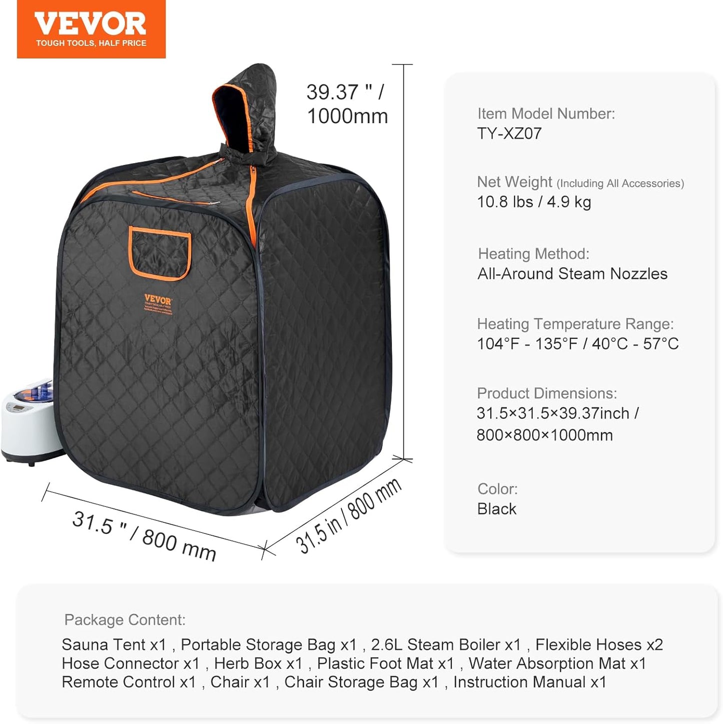 VEVOR Portable Personal Steam Sauna Spa Tent with 1200 Watt Steam Generator, with Chair & Storage Bag, Home Therapeutic Sauna Blanket for Detox Relaxation, Time & Temperature Remote Control, Black
