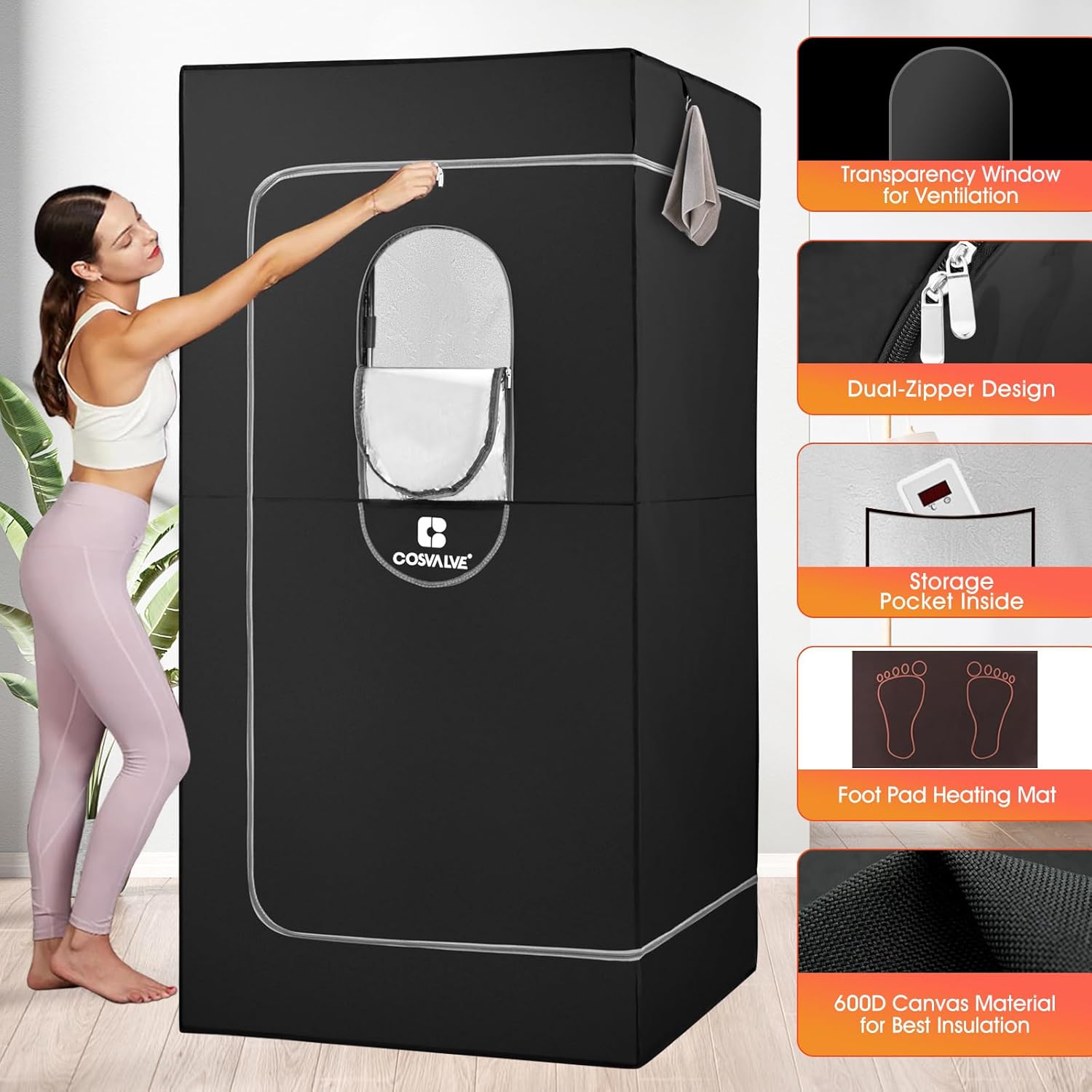 COSVALVE Portable Infrared Sauna for Home, Dry Sauna with 4 Heating Panels and Heated Foot Pad, 1 Person Infrared Sauna Tent Full Size, Remote Control, Indoor Home Spa, 35.4" x 35.4" x 71", Black