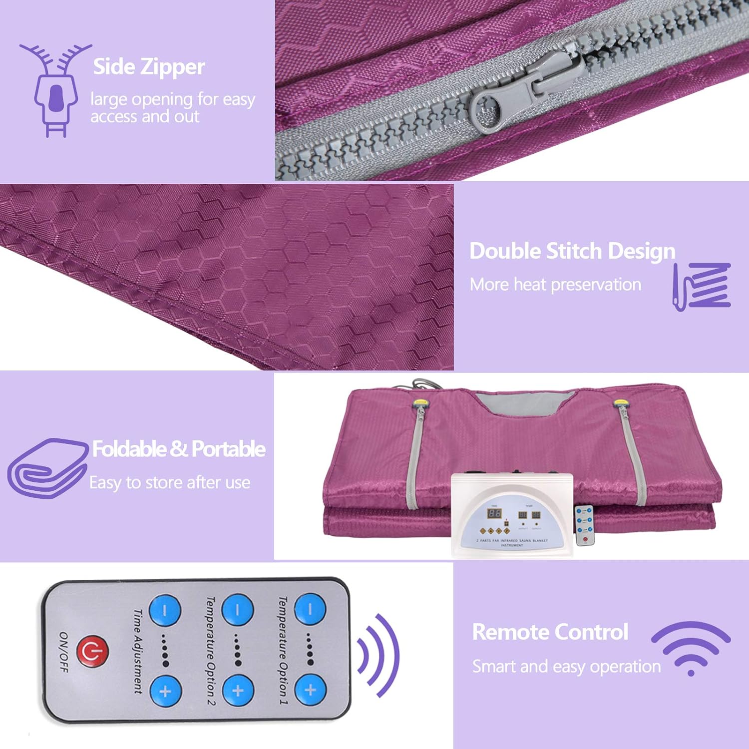 Sauna Blanket Infrared,Double Zipper Design 2 Zone Far-Infrared Sauna Blanket，70"x32"Waterproof Oxford Cloth Professional Detox Therapy Beauty Machine(Zipper Type,Purple)