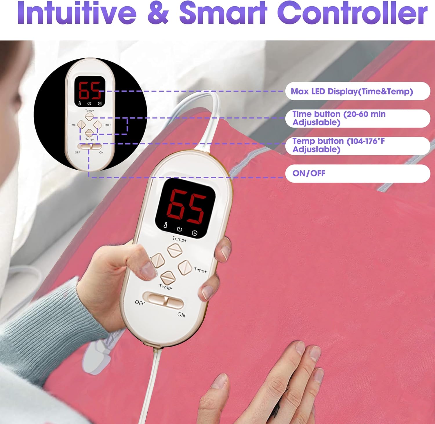 Large Screen Display Remote Control Far Infrared Sauna Blanket Detox Sauna Bed Remove Control Easy Operate Upgrade Infrared Blanket Sauna Blanket Liners 110V US Plug Pink