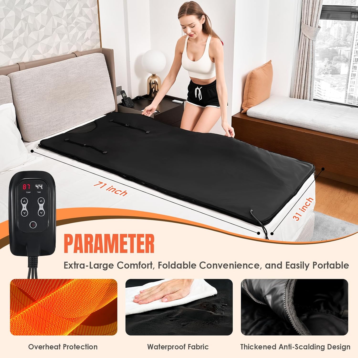 MIXC Infrared Sauna Blanket with Arm Holes for Home Use, Portable Design and Full Body Detox & Relaxation, Highest 176℉, 20-60 Minutes Timer, 6 ft x 2.65 ft Black