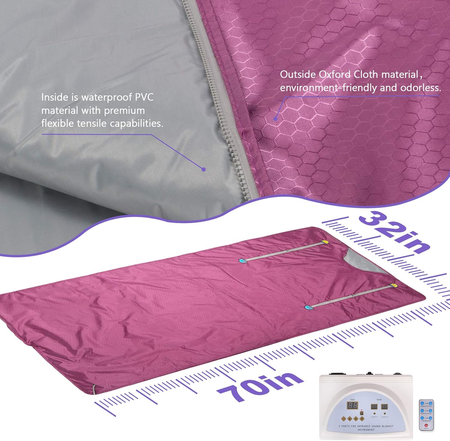 Sauna Blanket Infrared,Double Zipper Design 2 Zone Far-Infrared Sauna Blanket，70"x32"Waterproof Oxford Cloth Professional Detox Therapy Beauty Machine(Zipper Type,Purple)