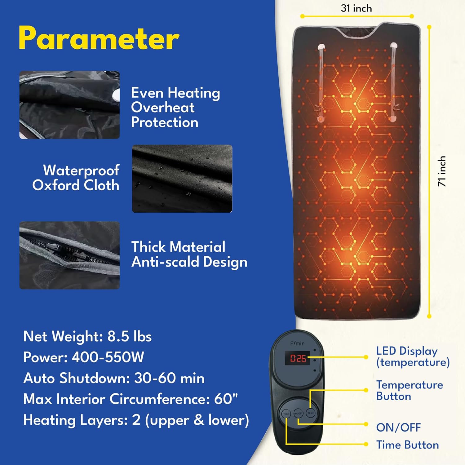 HL300 Portable Far Infrared Sauna Blanket for Body Relaxation & Detoxification, 1-60 Minutes Timer, 95-185°F Temp. Control