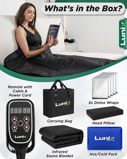 Lunix LX17 Portable Far Infrared Sauna Blanket for Home Relaxation - Temperature Range of 77-176°F - Enjoy an Infrared Sauna Anywhere, with Head Pillow, Detox Wrap & Hot Cold Gel Pack