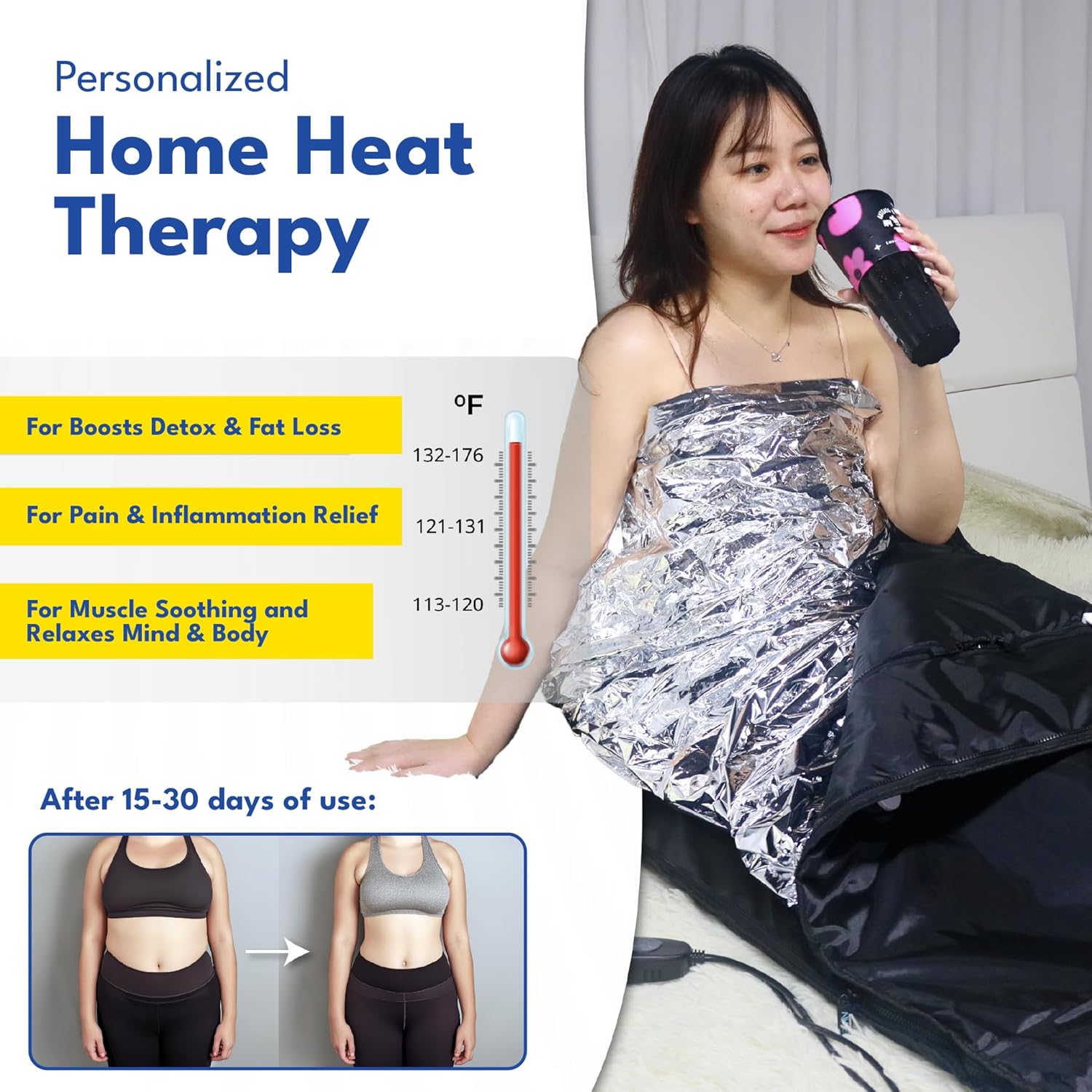 HL300 Portable Far Infrared Sauna Blanket for Body Relaxation & Detoxification, 1-60 Minutes Timer, 95-185°F Temp. Control