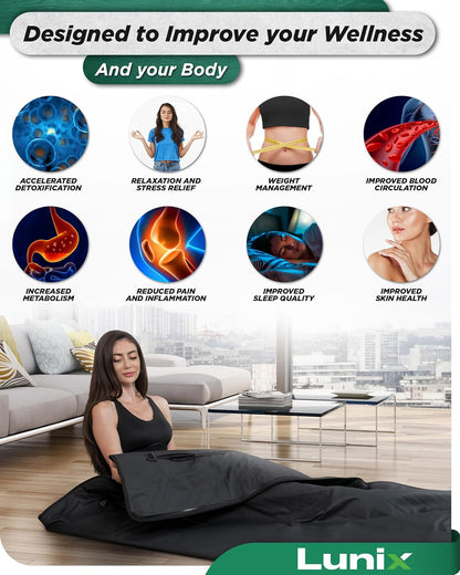 Lunix LX17 Portable Far Infrared Sauna Blanket for Home Relaxation - Temperature Range of 77-176°F - Enjoy an Infrared Sauna Anywhere, with Head Pillow, Detox Wrap & Hot Cold Gel Pack